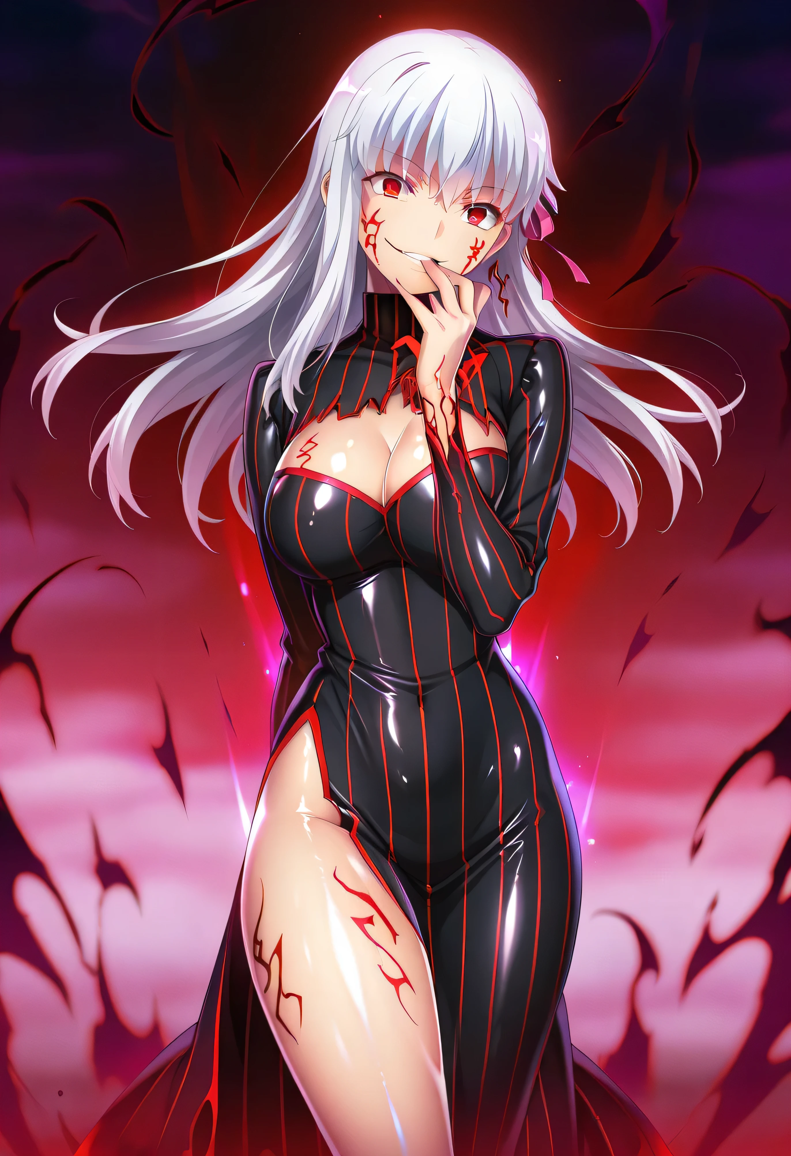 Black full body suit huge tit Big ass seductiv a smile Obscene lines Whip thighs succubus Red lines all over the body Support your chest with your arms