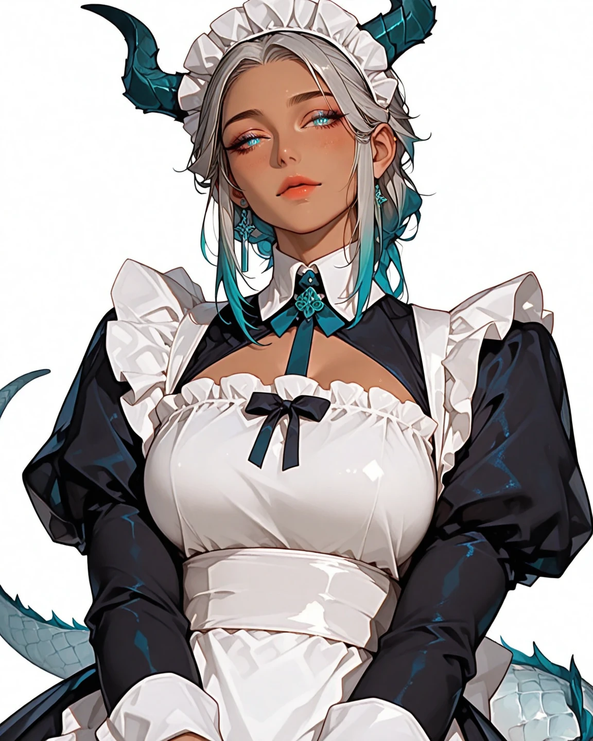 best quality, masterpiece, highres, solo, {maid:1.40}, {long maid dress:1.15}, {ho_olheyak_arknights:1.15}, grey_hair, bangs, breasts, head_wings, smile, large_breasts, hair_between_eyes, tail, green_eyes, short_hair, blue_eyes