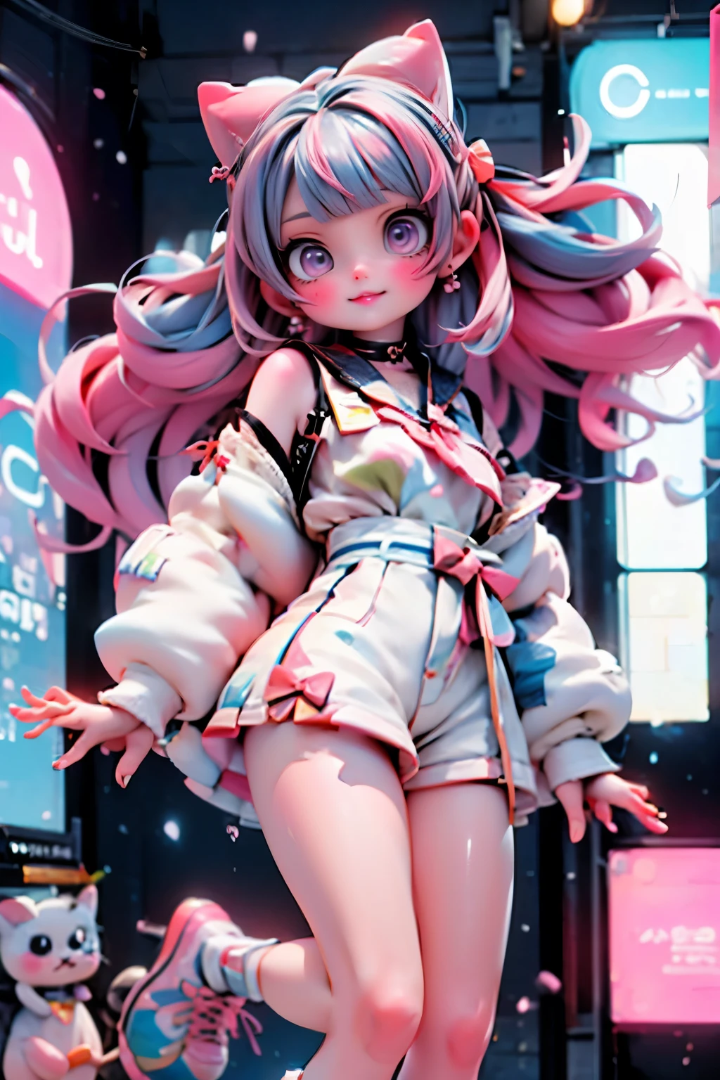 A vibrant street scene in Harajuku's neon-lit nightlife. A girl with pink hair and matching hair bows stands out amidst the bustling crowd, her intense makeup gleaming under the bright lights. She wears a striking white and pink outfit, characteristic of Harajuku fashion style, as she leaps into the air, her legs splayed in a dynamic pose.
