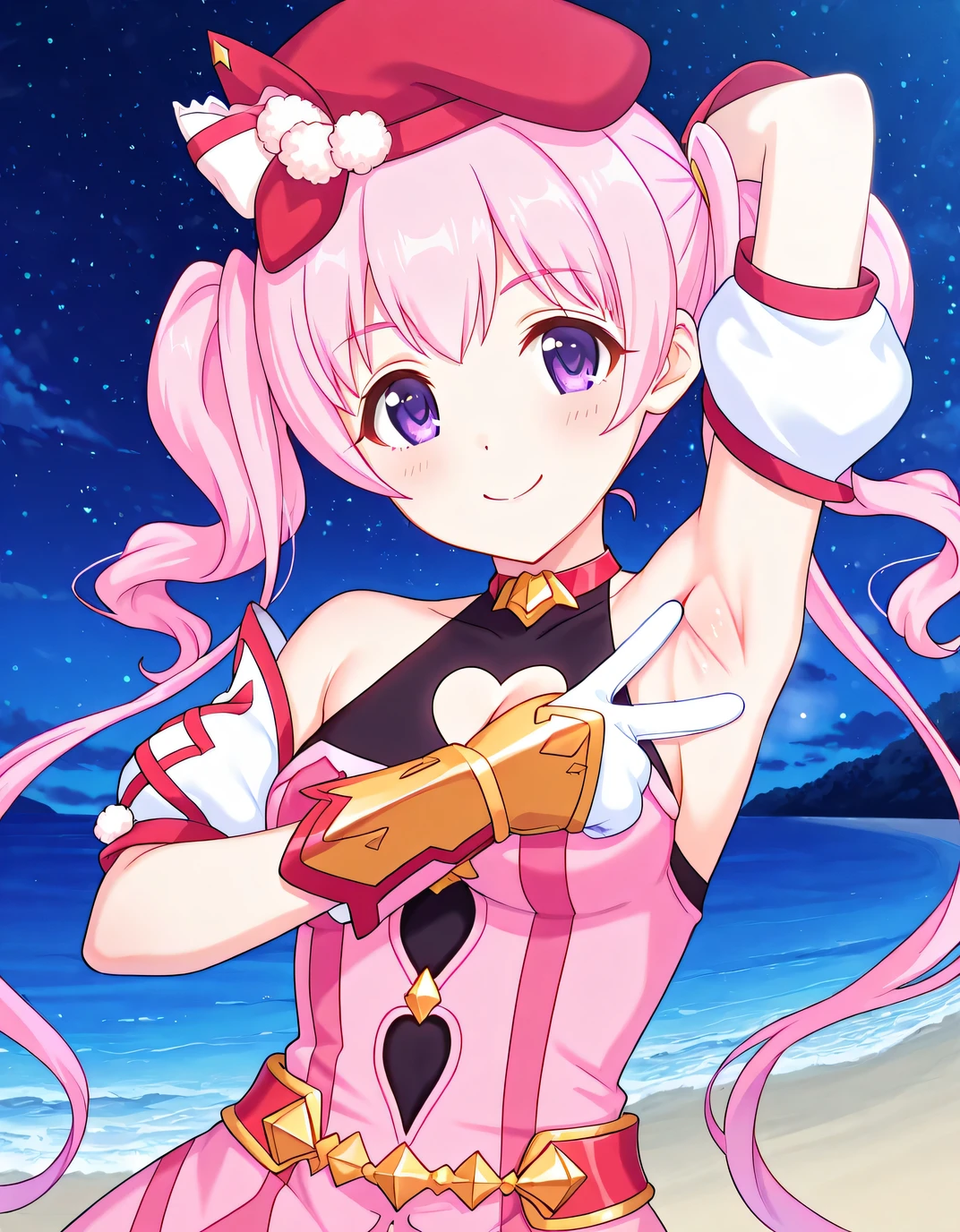 pcrmugi, pink hair, long hair, twintails, purple eyes, pmugidef, beret, red headwear, red choker, pink dress, striped dress, red stripes, chain, strapless dress, sleeveless shirt, black shirt, heart cutout, cleavage cutout, bare shoulders, detached sleeves, puffy short sleeves, white sleeves, cross-laced sleeves, mittens, vambraces, gloves, gold chain, pom pom \(clothes\), anime screencap, high quality, solo, night sky, beach, spread armpit, armpits, armpit focus, v, ((contrapposto)), closed mouth, upper body, looking at viewer, smile, best quality