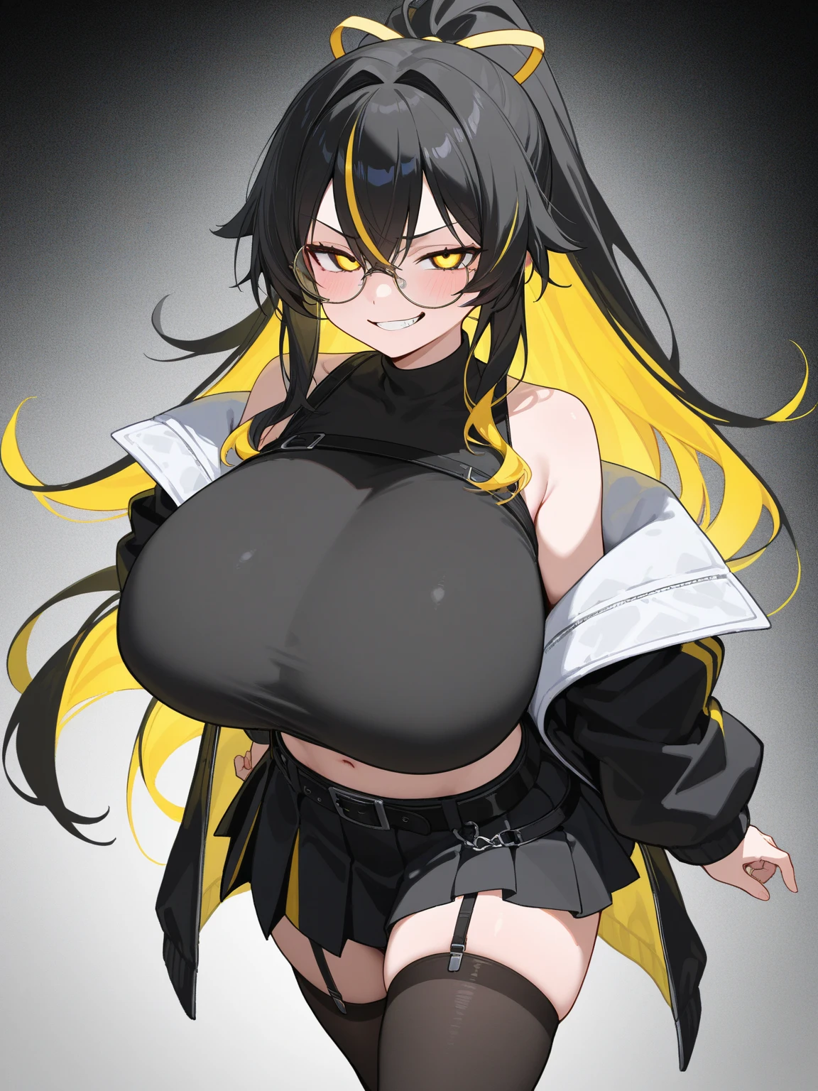 1girl, dark skin, yellow hair, black hair,
beautiful face, detailed face, sharp face, jawline, detailed eyes, expressive detailed eyes, detailed pupils, long eyelashes, dark eyelashes, full eyebrows, full lips, mascara, eyeliner, makeup, yellow eyes,
smirk, wide smile,
packed-down, shoulder-high, small, small in stature, small-scale, tiny, undersized, knee-high, shortstack,
huge breasts, voluminous breasts, cleavage,
simple background,
breast press, breast squeeze,
 za, <lora:zanamaoria_artstyle-V01:1.4>