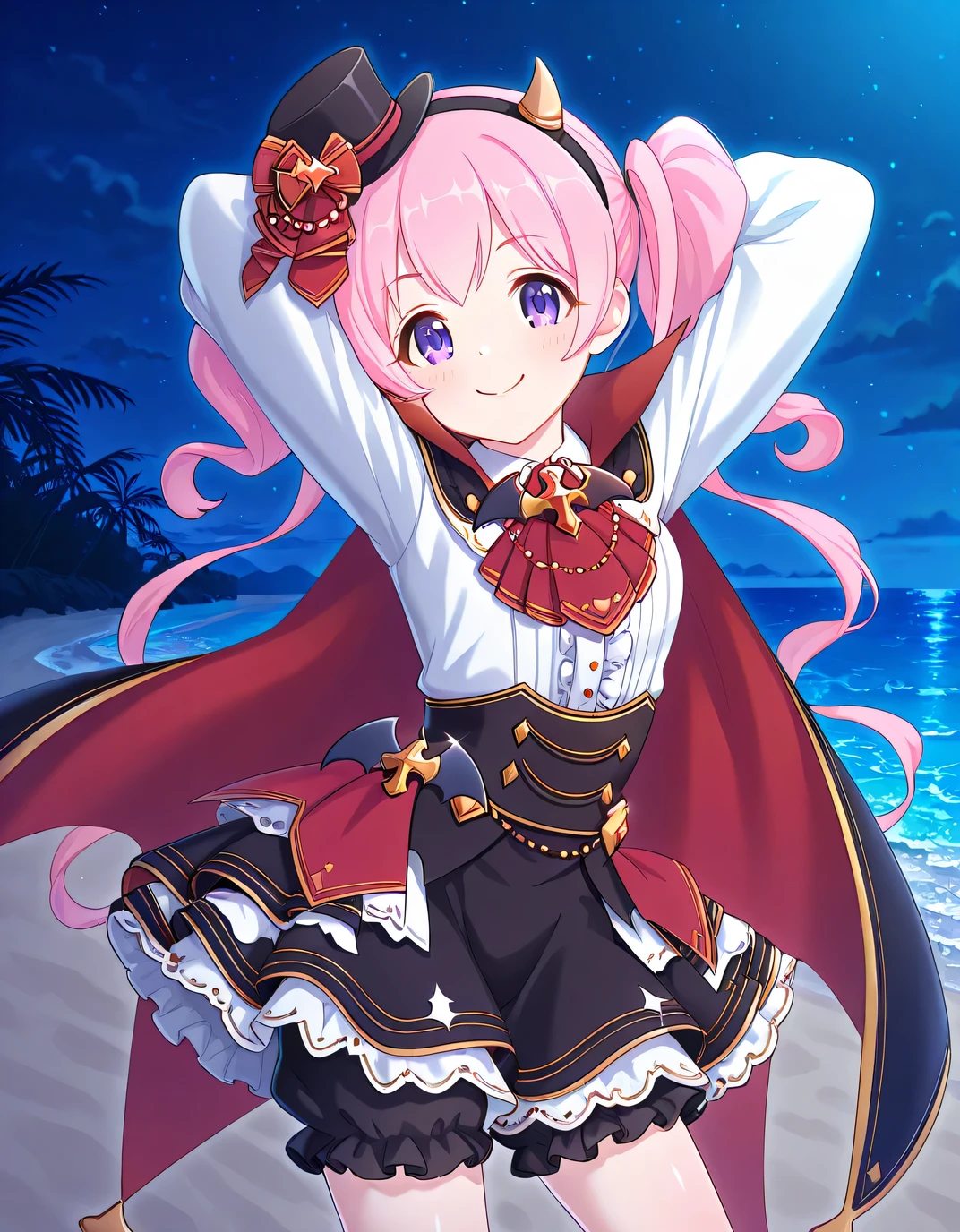 pcrmugi, pink hair, long hair, twintails, purple eyes, pmugihal, top hat, mini hat, black headwear, hair ornament, black hairband, fake horns, two-sided cape, vampire costume, red ascot, cross, bat ornament, collared shirt, white shirt, center frills, black corset, long sleeves, black skirt, frilled skirt, shirt under skirt, white frills, black bloomers, shiny skin, solo, night sky, beach, hands behind head, ((contrapposto)), closed mouth, cowboy shot, looking at viewer, smile, high quality,