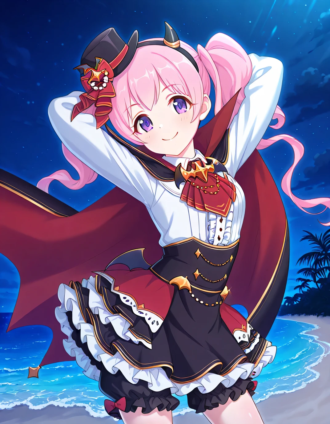 pcrmugi, pink hair, long hair, twintails, purple eyes, pmugihal, top hat, mini hat, black headwear, hair ornament, black hairband, fake horns, two-sided cape, vampire costume, red ascot, cross, bat ornament, collared shirt, white shirt, center frills, black corset, long sleeves, black skirt, frilled skirt, shirt under skirt, white frills, black bloomers, shiny skin, solo, night sky, beach, hands behind head, ((contrapposto)), closed mouth, cowboy shot, looking at viewer, smile, high quality,