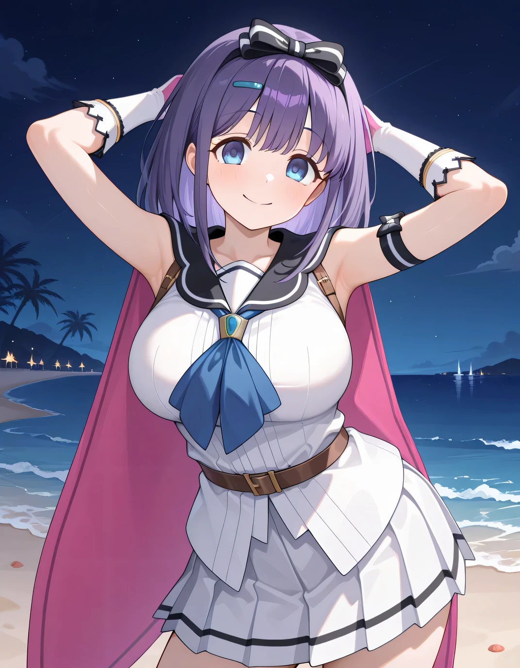 pcrmsra, medium hair, purple hair, blue eyes, large breasts, tareme,
pmsradef, hair bow, black bow, striped bow, hairclip, black sailor collar, two-sided cape, pink cape, white shirt, sleeveless shirt, blue neckerchief, crossed belts, belt, white skirt, pleated skirt, arm strap, white gloves, pink gloves, high quality, solo, night sky, beach, hands behind head, ((contrapposto)), closed mouth, cowboy shot, looking at viewer, smile, best quality