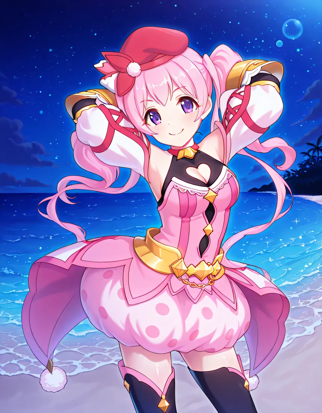 pcrmugi, pink hair, long hair, twintails, purple eyes, pmugidef, beret, red headwear, red choker, pink dress, striped dress, red stripes, chain, strapless dress, sleeveless shirt, black shirt, heart cutout, cleavage cutout, bare shoulders, detached sleeves, puffy short sleeves, white sleeves, cross-laced sleeves, mittens, vambraces, gloves, gold belt, gold chain, pom pom \(clothes\), polka dot skirt, bubble skirt, white skirt, black thighhighs, overskirt, shiny skin, solo, night sky, beach, hands behind head, ((contrapposto)), closed mouth, cowboy shot, looking at viewer, smile, high quality,