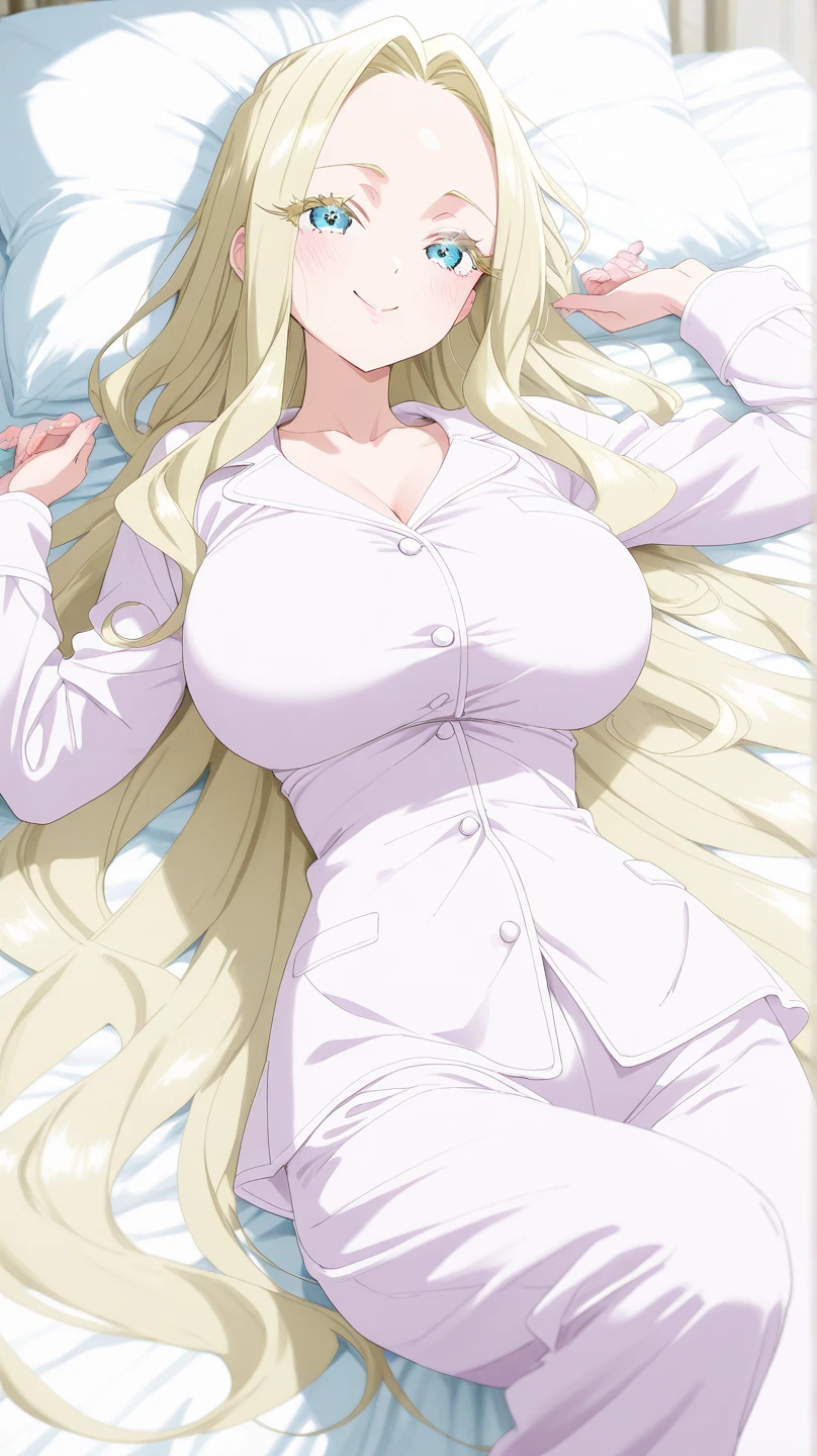 best picture quality,Empty expression,Positive face,Delicate facial features,long hair,Open your mouth slightly,Stick out your tongue and drool,Big breasts,Sitting on the bed,pajamas,Good looking body,big white legs