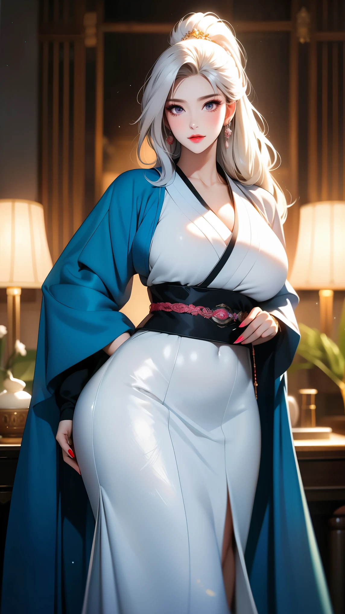 ((One personの女性)), Beautiful Face, (Laughing embarrassedly), (laugh:1.2),((Wink:1.7)), (head tilt:1.3), Laugh with your mouth wide open, upper teeth, looking down at viewer, ((Bright red cheeks:1.4)),Glossy Red Lips,rooftop, firework, Glossy red lips, Shining Face, ((Anime style background)),masterpiece, Highest quality, so beautiful,up to date, Complex details, (Pink long nails),(ring),(bracelet),(Floral choker),AI-generated, Complex,High resolution, Highest quality, super high quality,3D Images、3D Images,One person,Long white hair,High Ponytail, Anime woman posing for a photo,(blue eyes), ((Fine grain、Silvery white, lightly pigmented eyes、Shining Eyes:1.4)), (Squint your eyes:1.1),a hyperRealistic , hyperRealistic , Realistic,Anime woman with long white hair, Smooth anime CG art, A woman in a colorful kimono with gold embroidery, (Black long sleeve kimono),Red floral pattern,Long flower hair ornament,Earrings,Mature Body,(Big Breasts:1.1),Tall,Abdominal muscles,Tight waist,((pigeon toed:1.4)), (front view),