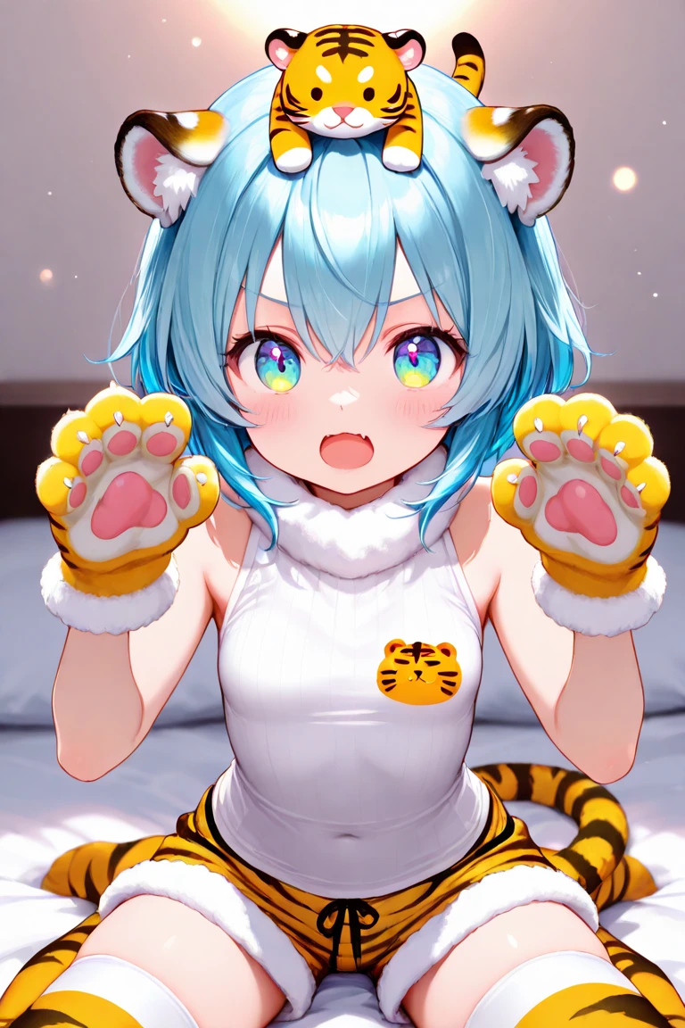 Cute little character in bright 3d with front, Tiger, Cute , petite,long purple hair, white lingerie, sweetie, pigtails, scared, dripping, spread, crying, hiding, raindow, gold, high-definition high-quality 4k resolution