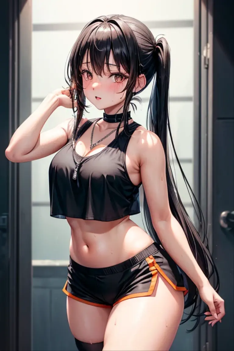 Kaori, Single model, solo, half Asian, half Latino, very long straight black hair, freckles, blushing, wet eyes, long chain pendant, very large heavy breasts, chubby, belly, stretchmarks, pigtails, bright orange fitted sleeveless cropped tank top with mesh panels, cleavage, small black lycra shorts, thigh length socks