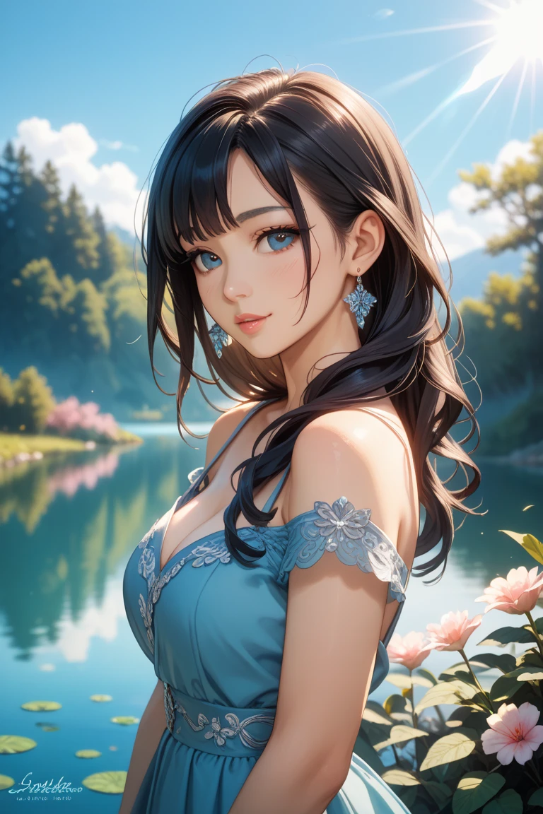 (1 girl, realistic, upper body, detailed face, beautiful dress), (best quality, masterpiece, high quality, 1girl, solo, (upper body, beautiful dress), illustration, beautiful detailed girl, beautiful detailed glow, beautiful detailed eyes, highres, detailed, high resolution illustraion, ultra-detailed, detailed background, beautiful detailed face), ((background: Capture a picturesque landscape with lush green hills, a clear blue sky, and a tranquil lake reflecting the surroundings. Include intricate details such as blooming flowers, tall trees, and birds in flight to evoke a sense of peace and natural beauty.))