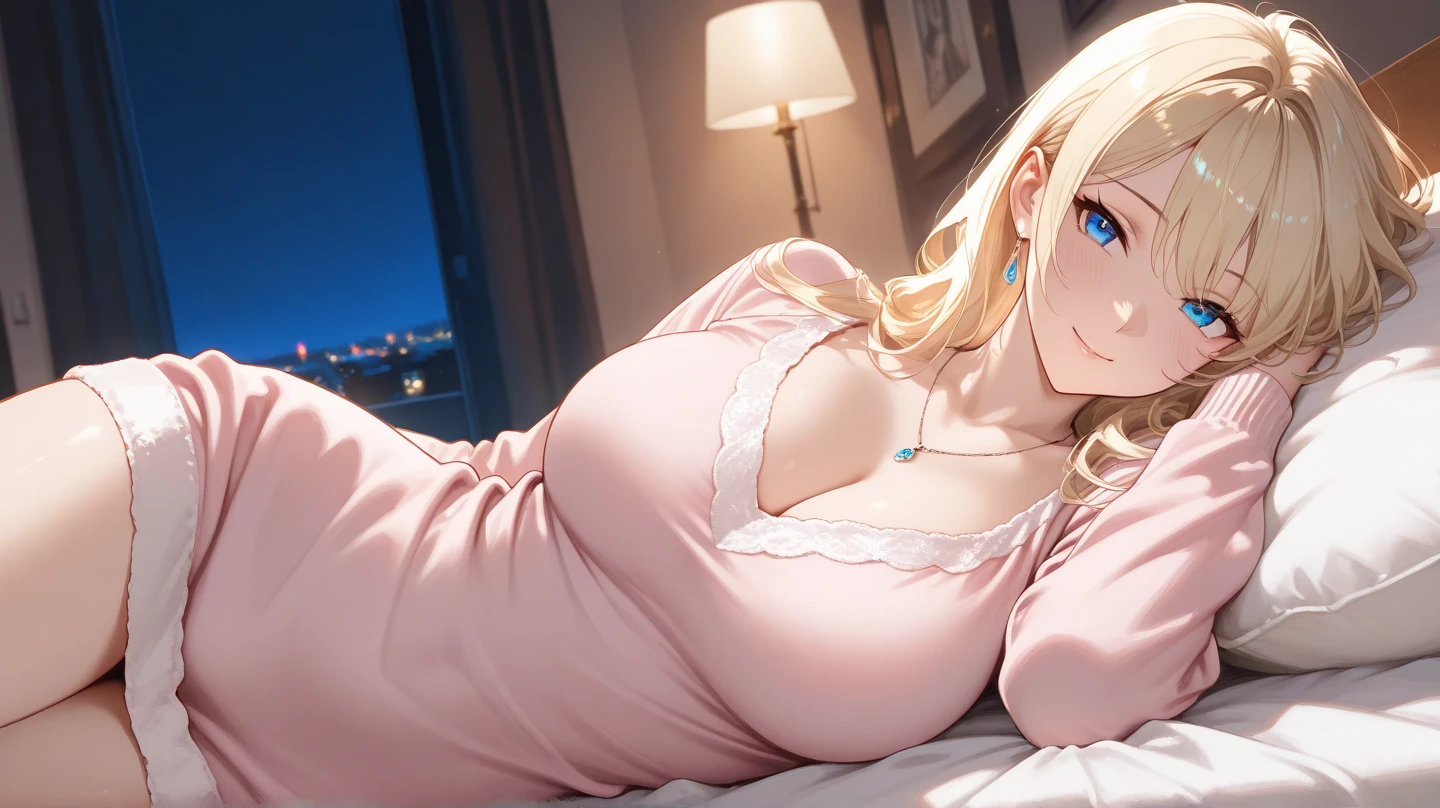 Masterpiece, Best Quality, Official Art, (Highly Detailed CG Unity 8k wallpaper), Detailed background, (Hands by Guido Daniele: 1.1), Feet out of frame, First Person View, 1, Beautiful woman who is attractive and perfect, Lying on bed, Lying on her back on the bed, ((Wake up: 1.14))), (Pajamas, sleepwear, underwear, White thighs: 1.12), (Blonde long-haired (Ahoge: 1.13), (High Ponytail: 1.12), (Green Eyes: 1.13), Look at the Beholder, Big, (cleavage), Beautiful Face, (Blush: 1.11), (Smile: 1.11)