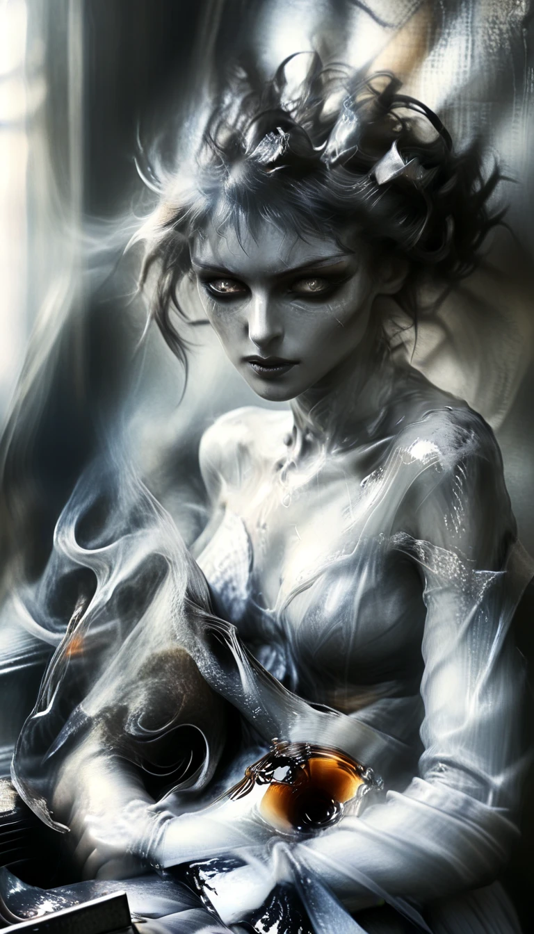 In Anime-art style, pixiv, masterpiece, 1 girl, (Close-up:1.1),Very Close to the Viewer( only half of the face is visible), soft lighting, Bloody sky, bloody environment, bloody rain, dark silhouettes, красный blood vibe, red vibe настроение, red like your blood, vampire life, Gothic, mysterious facial expressions, tattoos, aesthetics, rings and finger rings, web, head covered with dark cloth, Vampirism, на заднем фоне dark silhouettes, the character is closer to the viewer, видно только one eye, Focus on the character, Close-up, symbolism, a ritual, mirrors and paintings in the background, reflections, on the avatar, Dark art style, Blood runs down his face, portrait, leader, leads the concept, silhouettes behind, chaos, the weather is terrible, someone is spectating on her, DALLE, Close-up больших демонических глаз, сложные eyes, Unique Demon Ghouls, These images feature a dark, anime-style warrior with intricate tattoos and glowing red eyes, holding a blood-stained katana. The background includes a moonlit scene with shadowy samurai figures and a mysterious reaper, balanced to give equal focus to both the warrior and the background elements, creating a masterpiece, Digital art, city on the skyline, dark lighting, permission 1:1, blond hair, kimono, katana, Shanghai, nails painted black, in detail, moon and shadows, eyes, в eyesх отражение битвы, mysticism in the background, split personality, в eyesх готовится к битве, необычные eyes, scene, add more details, dark, fingers are proportional, serious look, holding a katana in his hands, only half of the face is visible, dystopia, night lighting, motion blur, красная и кровавая aesthetics, one eye, Close-up