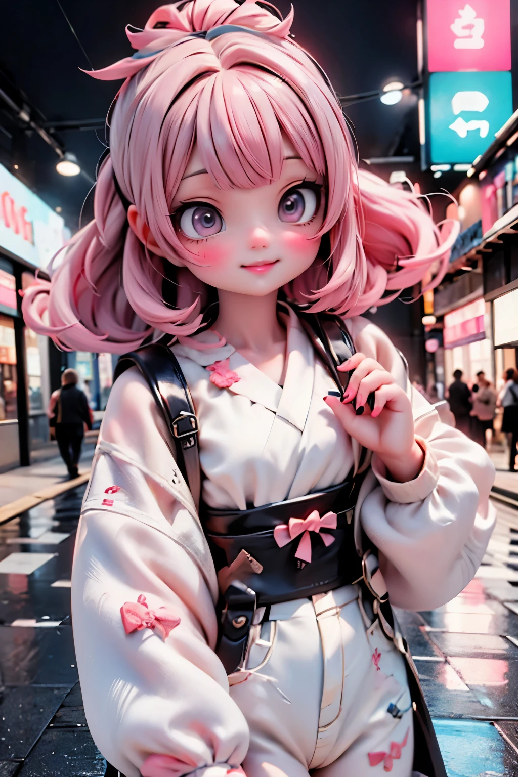 A vibrant snapshot of a girl radiating joy on Harajuku's bustling streets. She wears a striking ensemble of white and pink hues, with pastel locks flowing freely. Hair bows adorn her pink-tinted tresses, while bold makeup accents her features. As she leaps into the air, her smile shines bright, illuminated by twinkling night lights. Framing the scene: neon signs reflect off wet pavement, capturing the electric atmosphere.