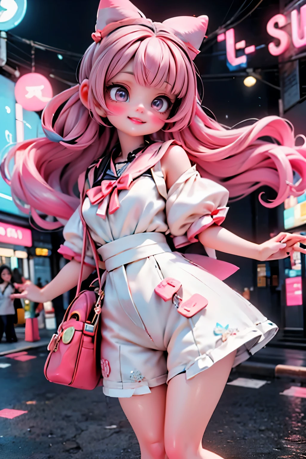 A vibrant night scene in Harajuku's neon-lit streets: a girl with striking pink hair and matching hair bows radiates joy as she leaps into the air, her white and pink outfit gleaming under the city lights. Intense makeup accentuates her features as she freezes in mid-leap, surrounded by the eclectic fashion district's bustling energy.
