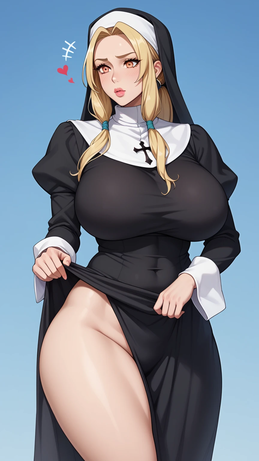 A mature woman, wearing a black nun dress, blonde hair, blue eyes, smooth legs, huge chest, plump hips, lipstick, eye shadow.
