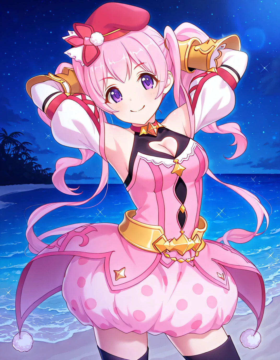 pcrmugi, pink hair, long hair, twintails, purple eyes, pmugidef, beret, red headwear, red choker, pink dress, striped dress, red stripes, chain, strapless dress, sleeveless shirt, black shirt, heart cutout, cleavage cutout, bare shoulders, detached sleeves, puffy short sleeves, white sleeves, cross-laced sleeves, mittens, vambraces, gloves, gold belt, gold chain, pom pom \(clothes\), polka dot skirt, bubble skirt, white skirt, black thighhighs, overskirt, shiny skin, solo, night sky, beach, hands behind head, ((contrapposto)), closed mouth, cowboy shot, looking at viewer, smile, high quality,