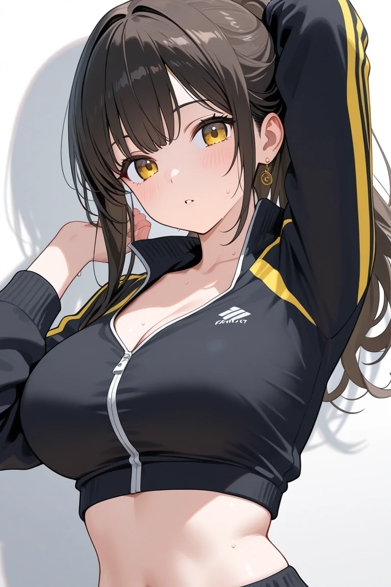 4K, A high resolution, Best quality at best, masterpiece, perfect colors, perfect shadow, perfect litthing, ((sportrait)), 1woman, fit-muscled body, face close up, bright yellow eyes, dark blue hair , blue eyes, With round lenses, detail in eyes, The audience watched carefully, (s face: 1.2), nipple bump, Perfect female figure, ((standing)), ((yellow Tight crop top yellow leather suit)), ((shy and looking at viewert)), (Perfect thick white eyebrows) Delicate fur, 详细s face, s the perfect face, At a fantasy industrial city , (model pose standing), energetic background, perfect city skyscape, lighting atmosphere, ((Bonifasko lighting)), (The round lenses on his eyes)(詳細な目), Perfect student, face close up