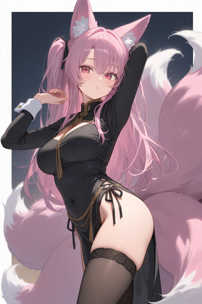 punctuation_9, punctuation_8_High above, punctuation_7_High above, fountain_アニメ, koyanmixpdxl, 1 girl, standing alone, cups, pretty long hair, pink hair, yellow eyes, pink fox ears, Pink foxtail, animal ears, fox girl, ((breasts big:1.4, busty:1.2)), Stockings, stilet heels, ssmile, natta time, penthouse apartment, natta:1, Lip gloss, Engagement Ring, femme, necklase, grey dress, jaket, Off The Shoulder, neckleace, black bra, Barcode tattoo, tattoo on arm,