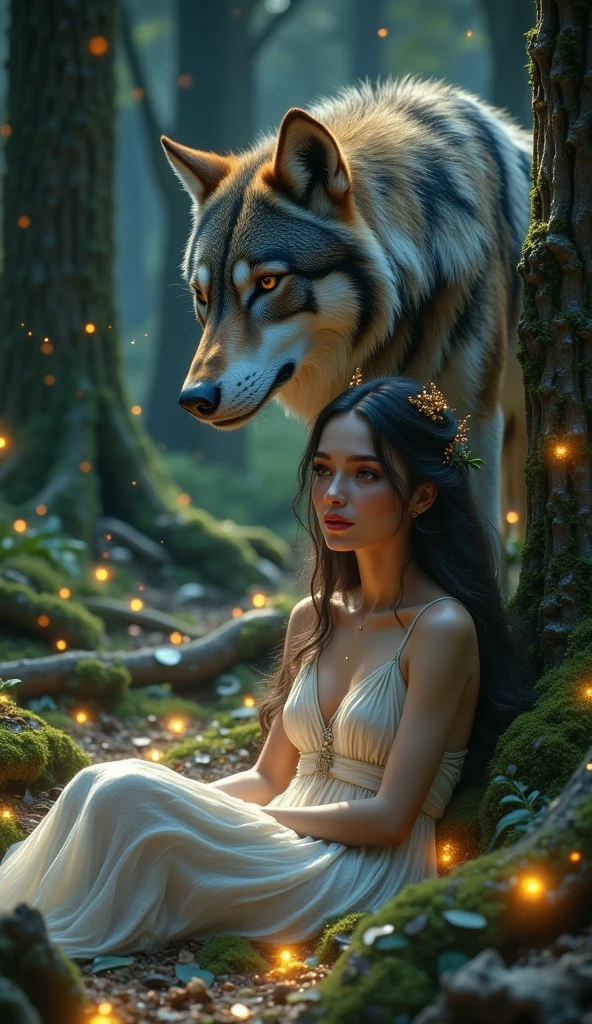A beautiful, enchantingly elusive humanoid faunus woman, every aspect exudes magic in the midst of danger: shimmering rainbow fur, ethereal golden horn, and eyes that seem to hold the secrets of the universe. The mystical creature is surrounded by a lush, enchanted forest, bathed in the soft light of the setting sun, creating a dreamlike atmosphere that transports viewers to a realm of fantasy and wonder. This breathtaking image is a digital painting that captures the essence of the mythical creature with stunning detail and masterful technique, making it a truly mesmerizing work of art.