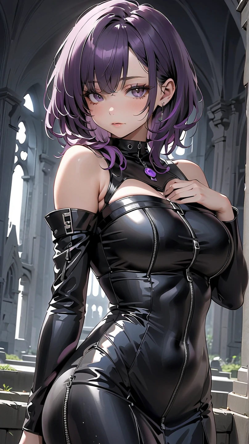 Best Quality,High resolution,8k,(plain white background, no patterns, no textures, just a plain white background:1.3),Masterpiece:1.2),beautiful girl,Shiny purple hair,(bob cut),Beautiful purple eyes,A age girl in a vibrant, oversized graphic tee or tank top featuring a bold cross design with punk rock elements, such as chains or studs. She is wearing high-waisted, slightly oversized long pants in a bright color or with a punk-inspired pattern, like plaid. Footwear includes chunky combat boots or high-top sneakers with metal accents. Accessories include a studded belt, a cross pendant necklace, and spiked bracelets,Gentle look,A refreshing look,smile,Best quality,Best Quality,Aesthetic and aesthetic:1.2,Best details((Super detailed))(High-definition CG illustrations),Slender body,smile,blush,cute,Scrounge,Looking up,Being spoiled,super model