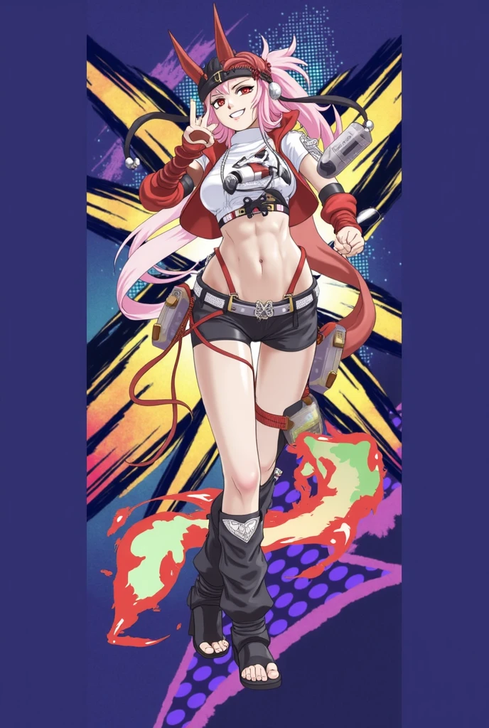 1girl, solo, (masterpiece, greatest artwork of all time, best 4k konachan wallpaper) (kokonoems, kokonoe mercury, kokonoe (blazblue)), (animal ears, cat ears, tail, tails, cat tail, multiple tails, multiple cat tails), pince-nez, navel, (belt, black belt, black belt with a cat bell in the middle), (shorts, capri shorts, low rise shorts, low rise capri shorts, red shorts, red capri shorts, red low rise shorts, red low rise capri shorts), thong, black thong ((petite, small breasts, small boobs, loli), (child rearing hips, child-rearing hips, big hips, wide hips, wide-hipped, thicc thighs, thick thighs), small breasts with big hips, small breasts with thicc thighs, thicc thighs with wide hips), (glasses, half round glasses) (hair, pink hair, long hair, long pink hair), knees together feet apart, looking at viewer