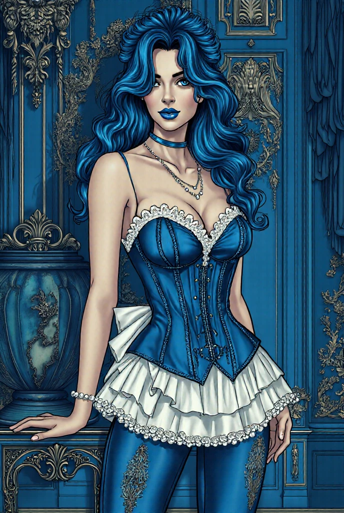 (masterpiece), (ultra high resolution), (extremely intricate), (exquisitely detailed), 1girl, (beautiful gorgeous persian woman), (F1.4, 1/800s, ISO 100, photorealistic), looking_at_breasts and from above, Evil queen, homewrecker,blue hair, crossed_legs, huge breasts, laugh,green eyeshadow makeup, dark red lips,((Wearing tight white shirt,black tight mini skirt,red bowtie,red string bikini thigh high stockings),(aroused_face:1.4),high quality, high quality, High resolution、black_mascara put in Long eyelashes:1.5, dark (eyesshadows:1.25), (Glossy) green_lips:1.24, [[blue_eyes]], (iridescent eyes), vibrant eyes:1.2, contrast, light shot:1.2, (seductive smile), ((makeup cheeks flushed)), white eyes,