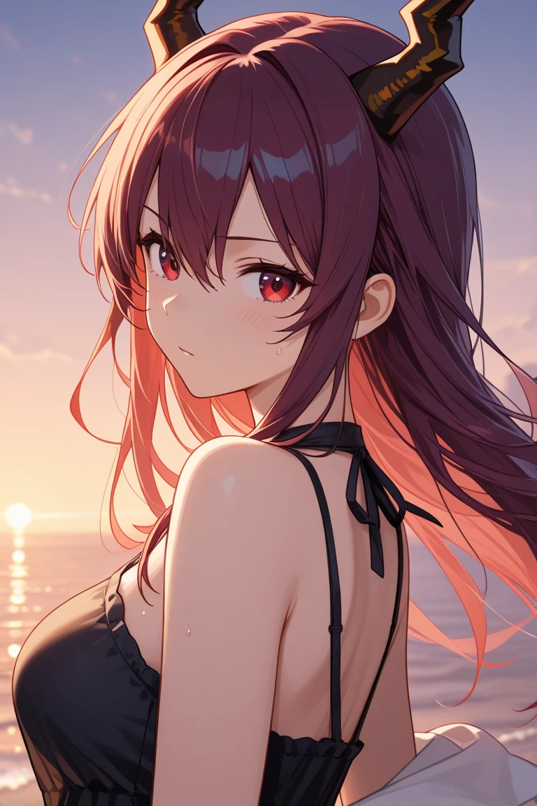 Anime, 1girl, brown hair, orange hair tips, orange eyes, glowing eyes, fiishnet leggings, red shirt with black bow, mini-skirt, soft smile, faint blush, day, beach, sun, sunlight, hellhound girl, hellhound, one tailed girl, black spike choker, wolf ears, black spike bracelets, fire ears, chocolate ice cream,