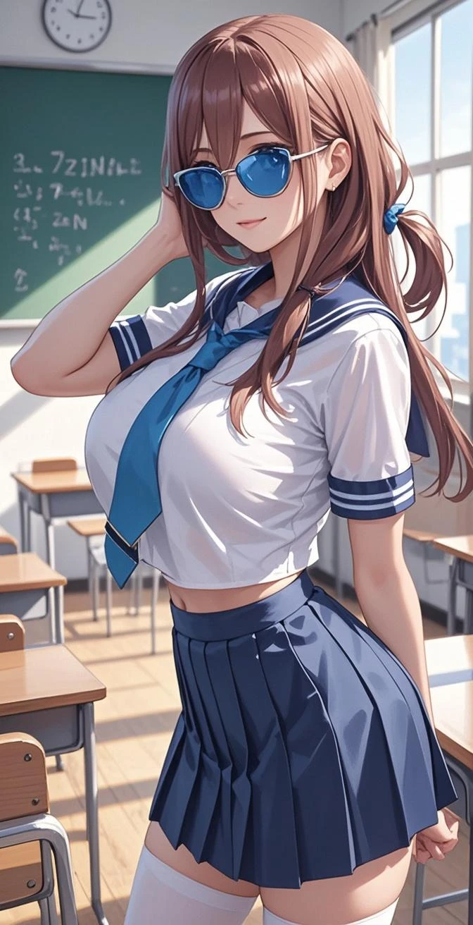 (8K,Realistic, Tabletop, Highest quality, RAW Photos:1.3)、One Girl, 18-year-old,alone,high school girl, Long Hair, Brown Hair, Beautiful face in every detail, Attractive face, (Beautiful brown eyes in every detail:1.2), Medium chest,(Underbust:1.0),(Covered nipples:0.99),(Loose Sailor Uniform :1.35), ( Slim beauty with perfect body: 1.4),( Seductive Pose:1.3), (View your viewers, Front view,Eyes focus:1.2), Detailed Background, (sunset:1.2), classroom,Fine details, Intricate details,  Ray Tracing, Depth of written boundary, Captivating smile,classroom,