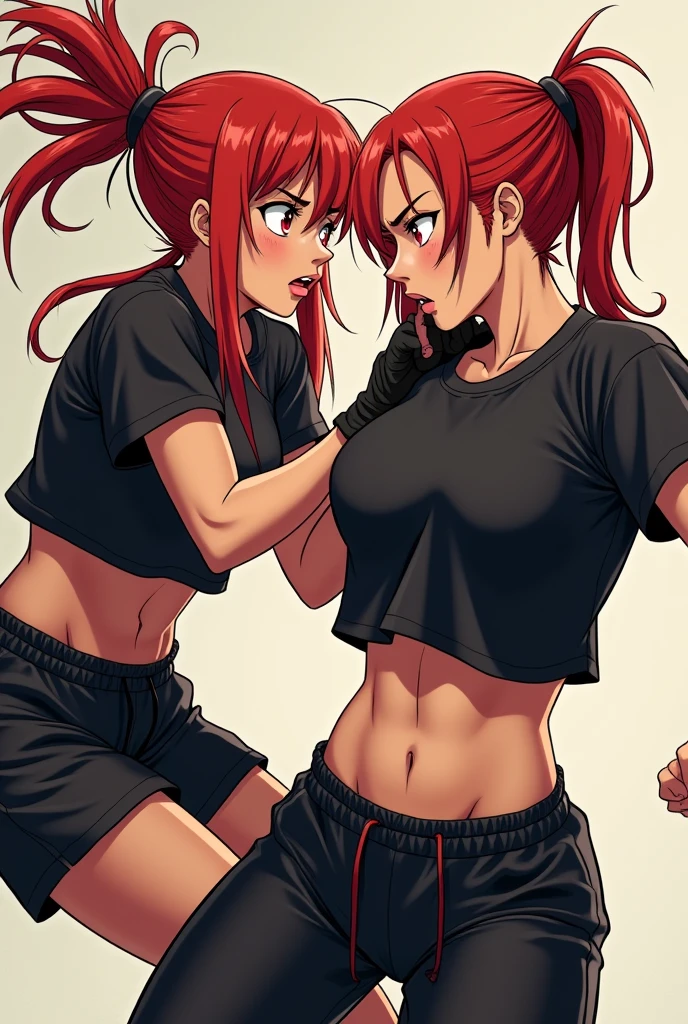whole body picture. two female fighters are face to face. They are banging their punches against their opponents. They trade dynamic punches with each other. a bloody beautiful Japanese female fighters are fighting survival in the octagon ring. Blood is dripping from her nose. She is covered in scars and bruises. she is damaged terribry. Short-cut black hair, out of breath, drooling from mouth, one eye closd, exhausted, drenched in sweat. Erect nipples. open finger glove. high-leg leotard.