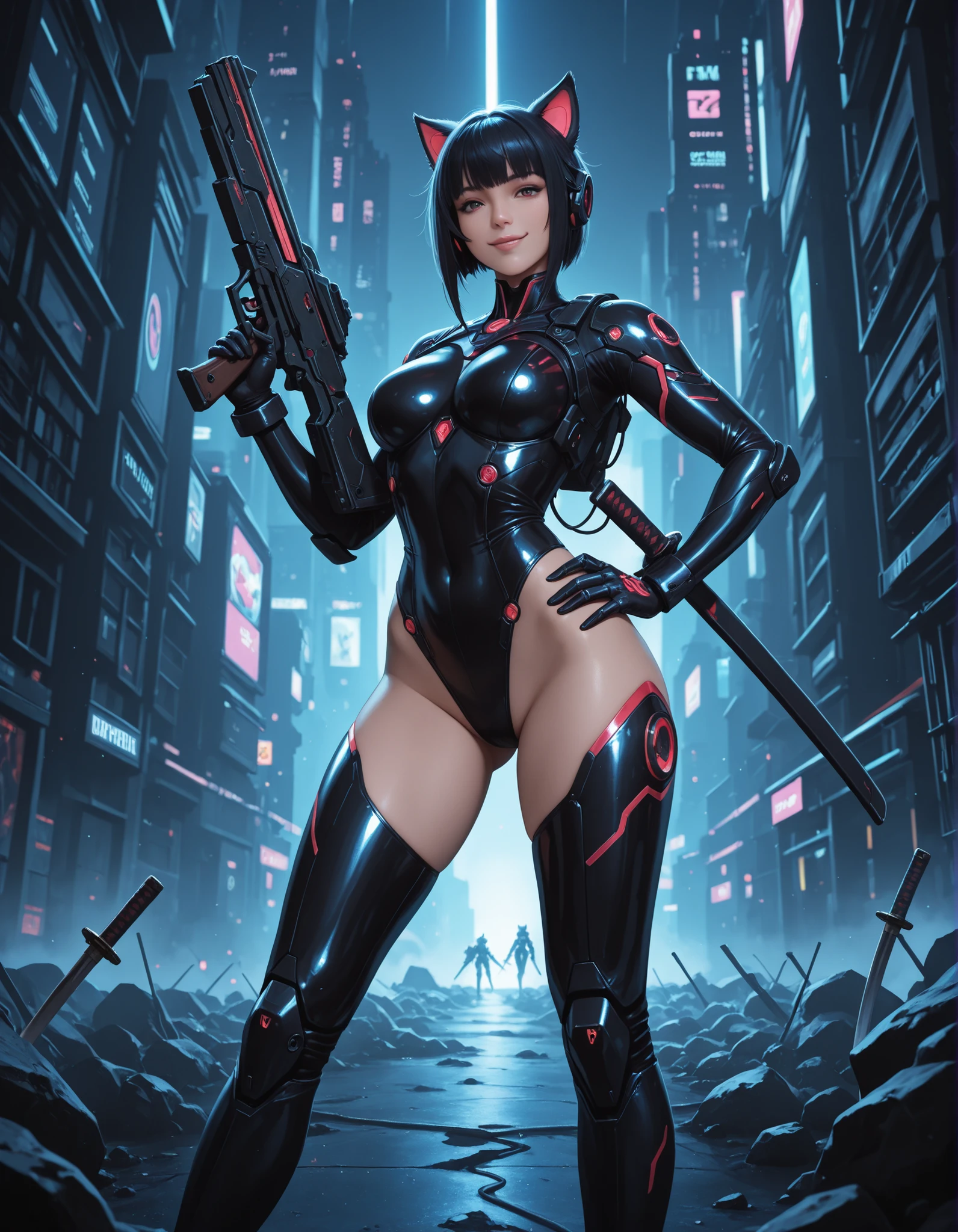 1 female, front view, full body, feisty look realistic lips, neon blue techno spandex, small waist, wide hips, , exposed cleavage, fighting pose, pink tactical belt, standing in front of a round mecha bot, hourglass figure, annoyed, in a jungle, short hair, best quality