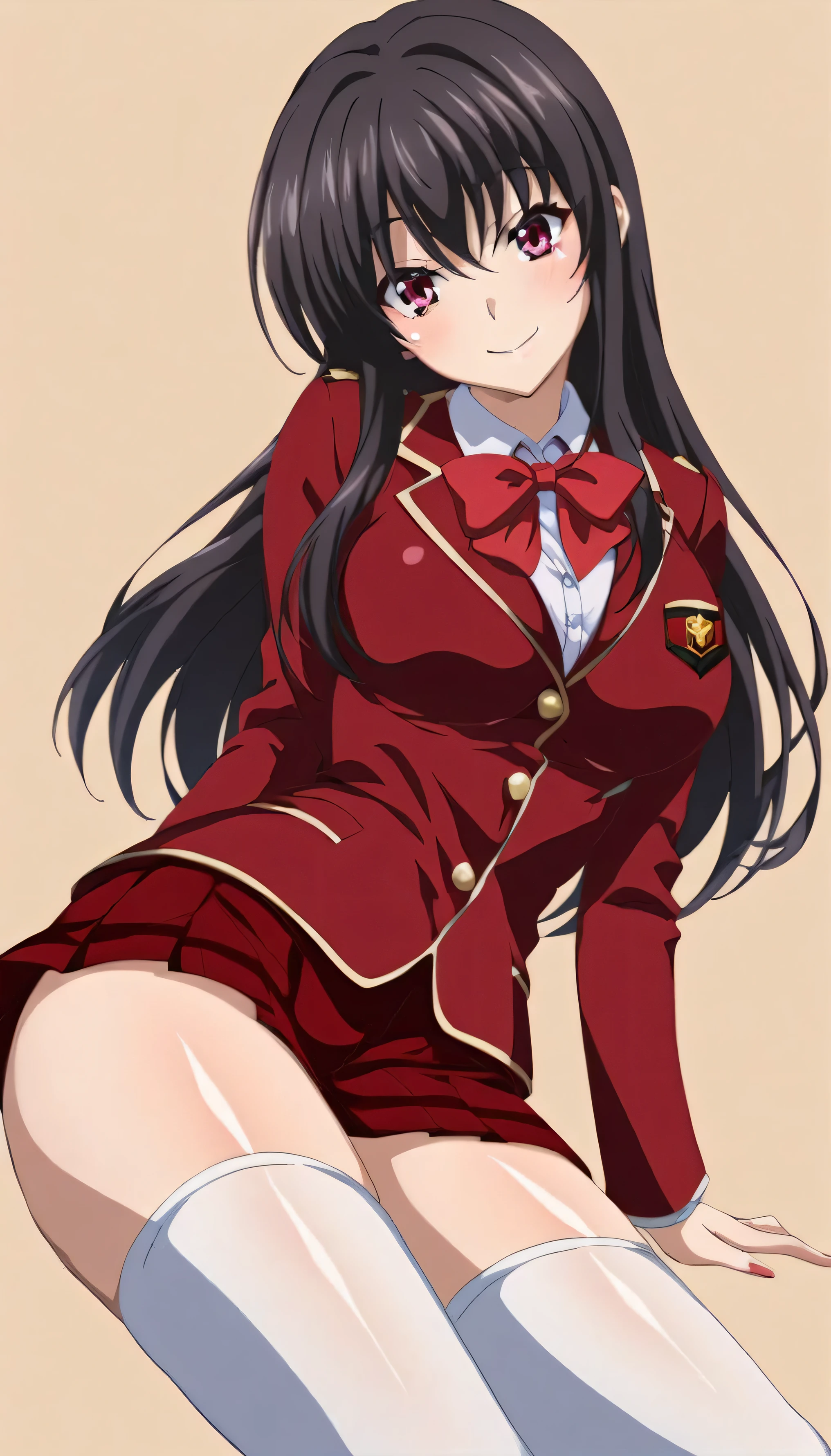(8k, best quality, masterpiece,ultra detailed, ultra high res:1.2), (nsfw, skirt lift, show panties:1.5), from below,
1girl,
long hair, braid,
black hair,
red eyes, slant eyes, small eyes,
blue bow,
medium breasts,
red jacket, long sleeves, white skirt, pleated skirt, black thigh-high socks,
looking at viewer,
cowboy shot, background of indoor, on the bed,