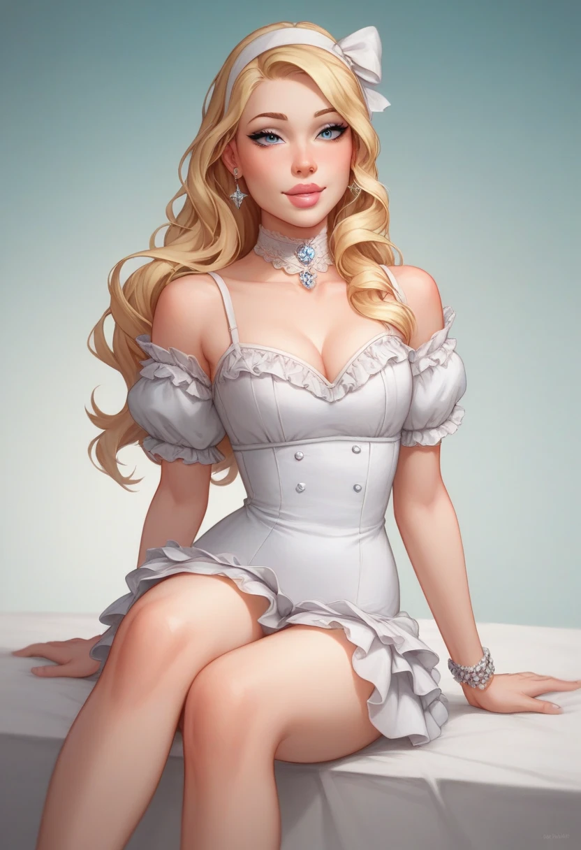 fair-skinned woman of average height with light blue eyes and long, platinum blonde hair with bangs framing the right side of her face. her hair is hung loosely and extends to her calves. wears a purple outfit consisting of a high-collared blouse and matching apron skirt exposing her midriff.