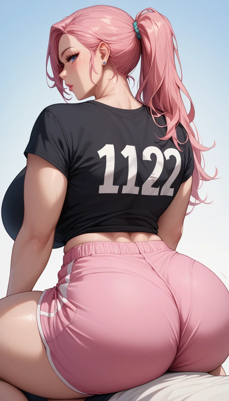 Beautiful 20 year old woman from behind, looking over her shoulder, big booty, showing off her ass, mischievous smile, big breasts, slim waist, thick thighs, long pink hair, wearing headset, tight white crop top, jeans shorts, black see through stockings, nylon stockings, military boots, 2 arms, 2 legs