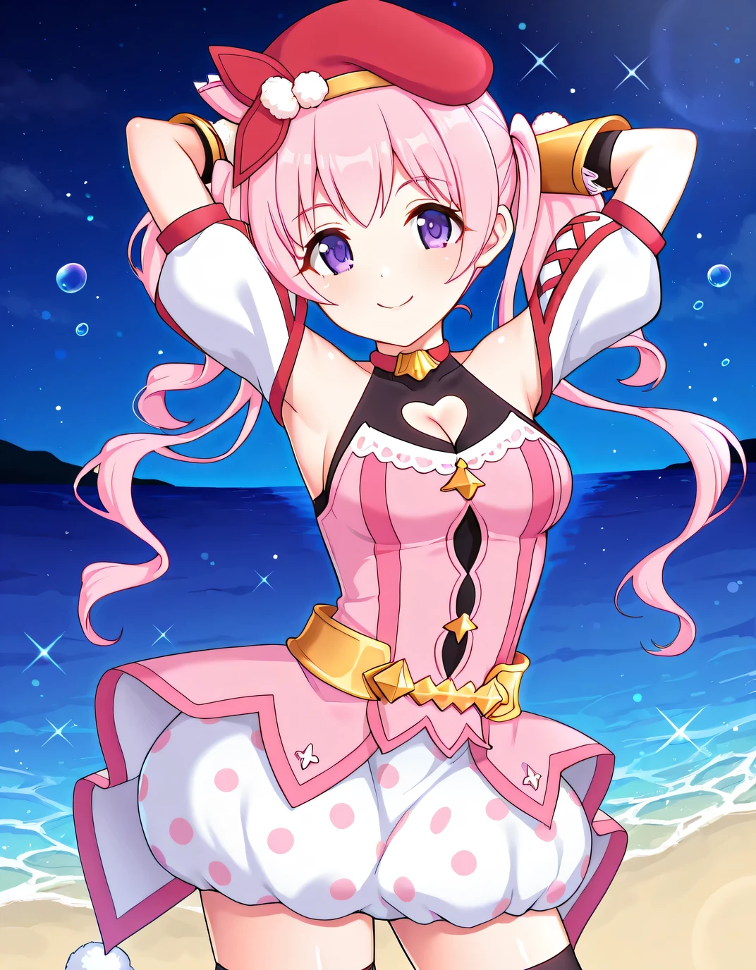pcrmugi, pink hair, long hair, twintails, purple eyes, pmugidef, beret, red headwear, red choker, pink dress, striped dress, red stripes, chain, strapless dress, sleeveless shirt, black shirt, heart cutout, cleavage cutout, bare shoulders, detached sleeves, puffy short sleeves, white sleeves, cross-laced sleeves, mittens, vambraces, gloves, gold belt, gold chain, pom pom \(clothes\), polka dot skirt, bubble skirt, white skirt, black thighhighs, overskirt, shiny skin, solo, night sky, beach, hands behind head, ((contrapposto)), closed mouth, cowboy shot, looking at viewer, smile, high quality,