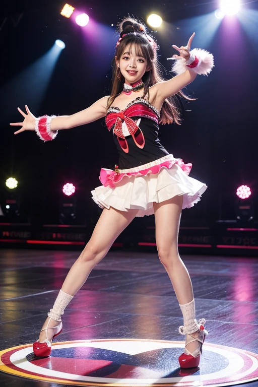slim figure, femele, Pink idol costume, frilld, Ren Hao, bow ribbon, Katyusha, concert, stage, dance, realisitic, masutepiece, bangss, Junior High School, A dark-haired, stright long hair,ssmile, beautidful eyes, spot light, 15yo