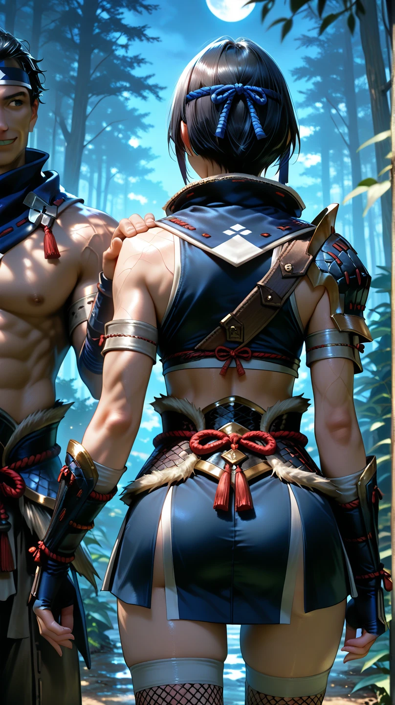 1 femboy, standing alone, reptile syrup, feathered calf, Caucasian skin, ultra realistic light, violet eyes, red hair and ponytail, Caucasian skin, raw clothing, raw sword, tropic jungle, very detailed jungle, very detailed skin, well-detailed face, mountains on the background, volcano in background, hair details, feather details, eye details, serious look, feathers on the arms, reptile tail detail