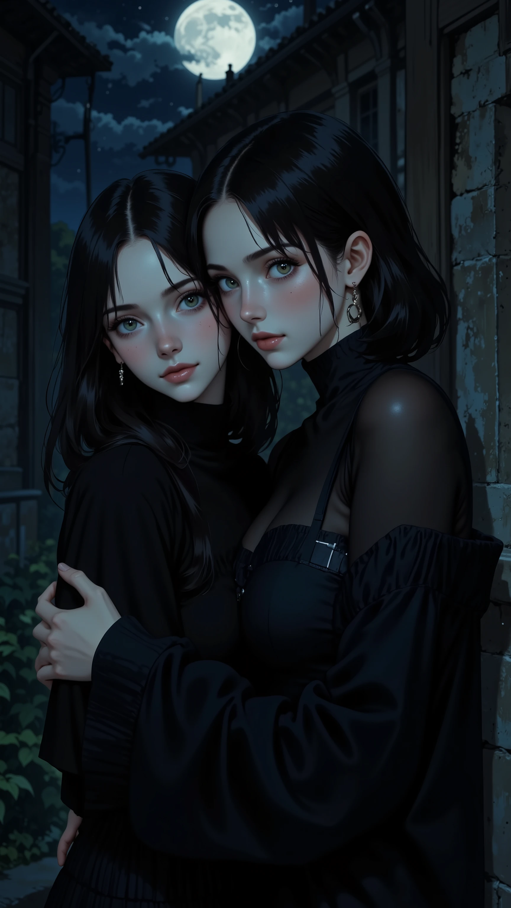 masterpiece, best quality, 2 girls, vampire family, full figure skinny twin sisters, lesbian family, cinematic, moonlight night, best quality, full body shot, an elegant tall slender girl, 16k, perfect and deep shadows, detailed eyes, full body shot, high quality picture, high detailed background, HD shadows, an evil grin, fangs are visible, pale skin, black hair, neodark, big eyes, perfectbreasts, face, wednesday90, adelalinka twins, chr75t7n4r7cc7