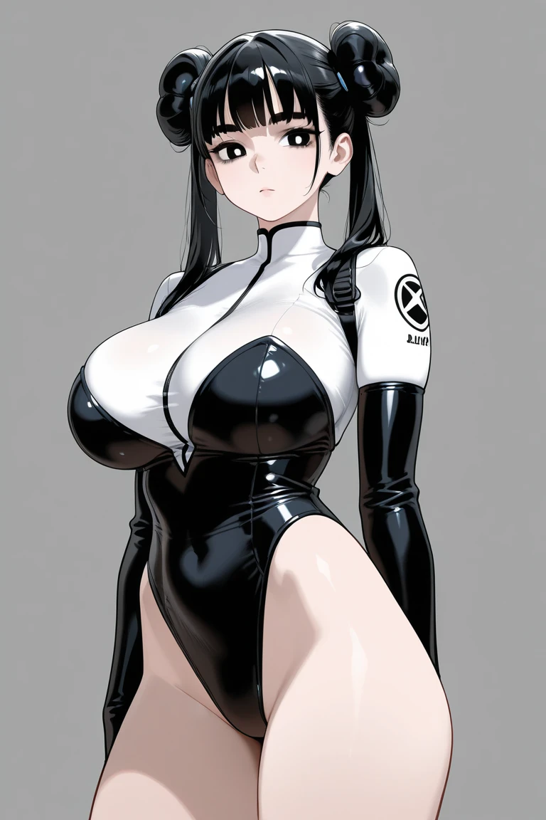 score_9, score_8_up, score_7_up, score_6_up, score_5_up, score_4_up, BREAK 1girl, black hair, long hair, grey eyes, thick lips, long eyelashes, surprised expression, standing in a dark party, blunt bangs, adult, harsh lighting, BREAK solo, large breasts, adult, skinny, arched back, thigh gap, pilot outfit, BREAK (simple background:1.2), simple background, innocent, lovely, adorable, dynamic pose
