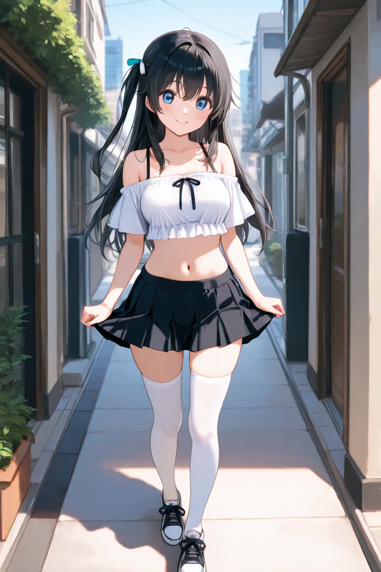best quality,1girl,((big breasts:1.3)),((((petite,10 years old,,little girl:1.5)))),curvy,orgasm,blush,blue eyes,((black hair,long hair,straight hair,short two side up:1.1)),((white tank top,black skirt,mini skirt,lift skirt,upskirt,white panties,black thighhighs:1.1)),((walking1.3)),see through,garden