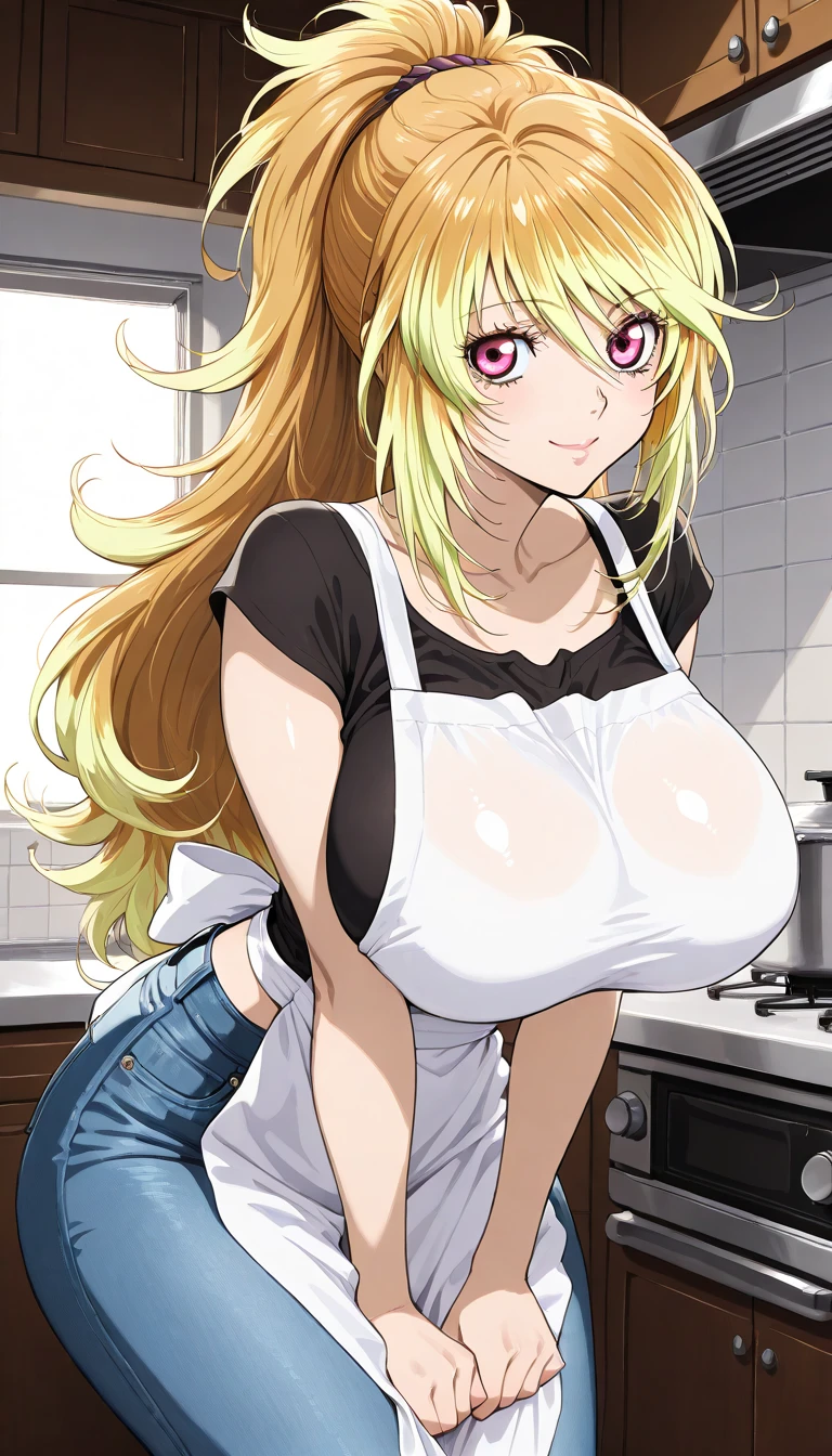 masterpiece, best quality, very aesthetic, absurdres, 1girl,huge tit, naked_apron, in kitchen,yamanaka_ino, naruto_(series), naruto_shippuuden, blonde_hair, long_hair, high_ponytail, hair_over_one_eye, blue_eyes,large_breasts,,in a library,floating droplets of water,