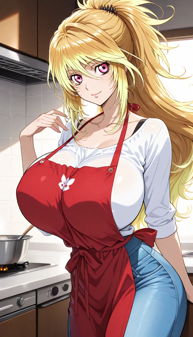 aikatsu,Blonde_HAIR,RED_HAIR_band,masterpiece,{a cartoon character is posing in kitchen wearing an apron and a dress, 1girl, hoshimiya ichigo, apron, blonde hair, long hair, breasts, solo, smile, naked apron, large breasts, cleavage, stove, looking at viewer, blush, kitchen, pink apron,