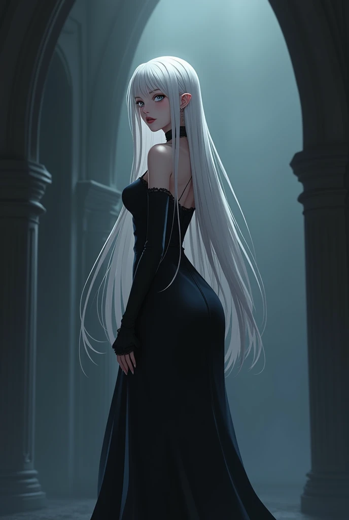 FS, an albino girl with perfect 10 features and long black Rapunzel-like hair, stands in a picturesque Avatar-like scene. Her body is graceful with a petite bust and slender legs. The girl looks stunning in a sheer organza dress with intricate designs. Her high-heeled shoes are elegant with golden patterns. The sunlight creates a subtle silhouette around her contours from the back, while soft and filling light illuminates her from the front. This scene has photorealistic qualities and is a concept art that creates a wow effect of:2. It can be found on the website 500px with hyper-superior details