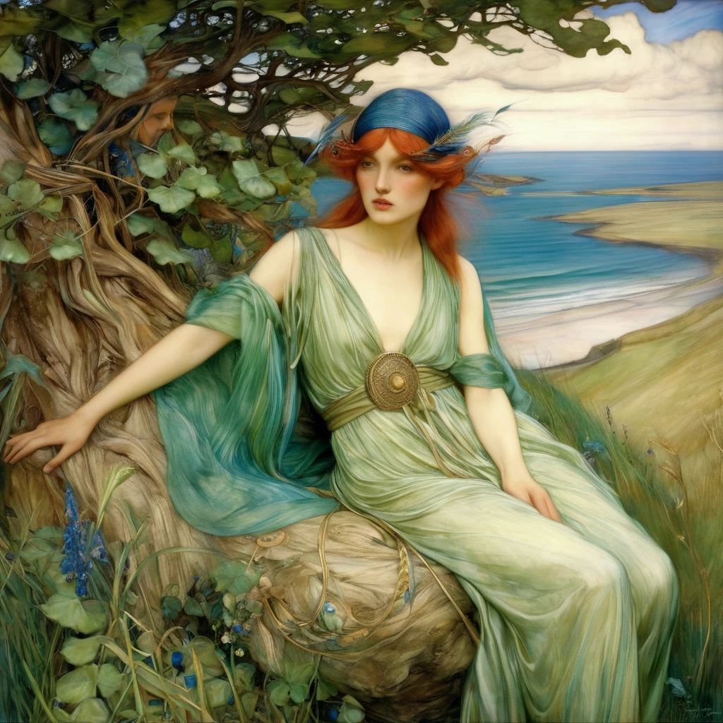 A stunning oil painting of a historical scene featuring a mermaid lounging on a rocky shore, her shimmering scales reflecting the sunlight. The background showcases a tranquil sea with gentle waves, bordered by lush greenery. The mermaid has flowing, wavy hair adorned with sea flowers, and her expression embodies both serenity and allure. The style should evoke the romanticism of the 19th century, reminiscent of the works of artists like John William Waterhouse, with rich textures and vibrant colors that bring the underwater world to life.