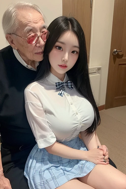 top-quality, masterpiece, old Male and young female couples having a deep kiss, 20 years old brightly smile korean girl, Girl standing, 70 years old korean man hugging each other , big breasts, 70 years old korean man, (girl wear wearing blue and white pencil skirt, plaid pencil skirt, white shirt, blue and white plaid bow), (girl is strikingly beautiful, black hair, delicate facial features, porcelain skin, red lips, expressive eyes), (old man wearing business suit), (In front of Tapgol Park, Jongno,Seoul), background crowd old people, 70 years old korean man kissing young girl, focus on old man,