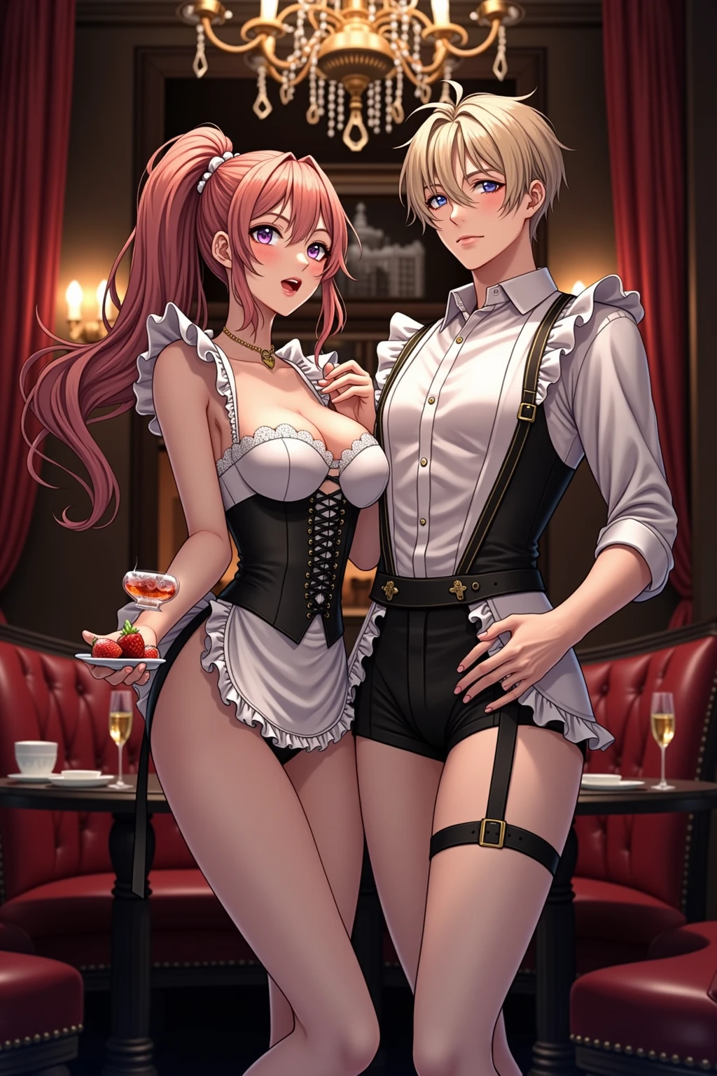 young girl with pink hair long twin-tail hairstyle, small thick eyebrows, with gothic lolita clothes, lolicon (Zankuro) drawing style of the zankuro artist, Zancrow style, image uploaded to R34, walking in the mall, flirty smile , suddenly having sex in public, ((doggy style sex)) , ((public sex in restaurant)) naked ass on male crotch