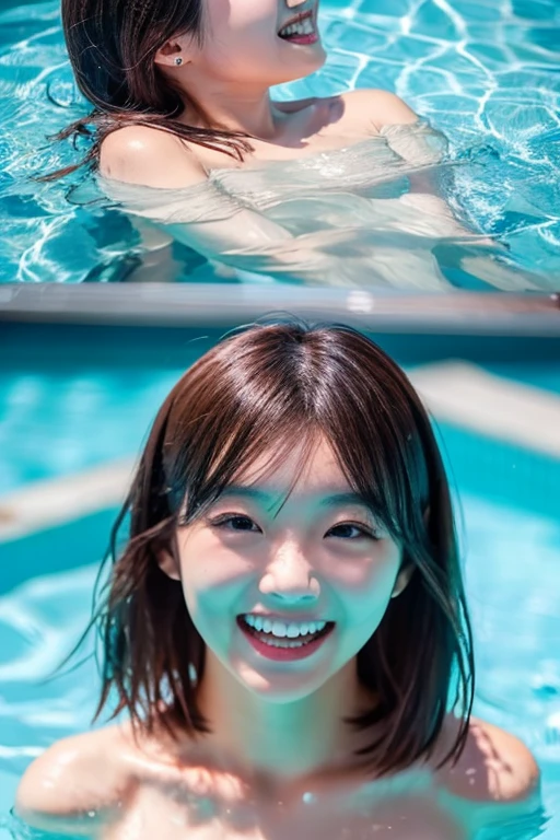 A cute and beautiful Japanese woman in her late twenties with semi-long hair and a voluptuous figure is diving underwater. She is facing the camera with a beaming smile, looking very stylish in a micro bikini. There are many beautiful tropical fish swimming around her.