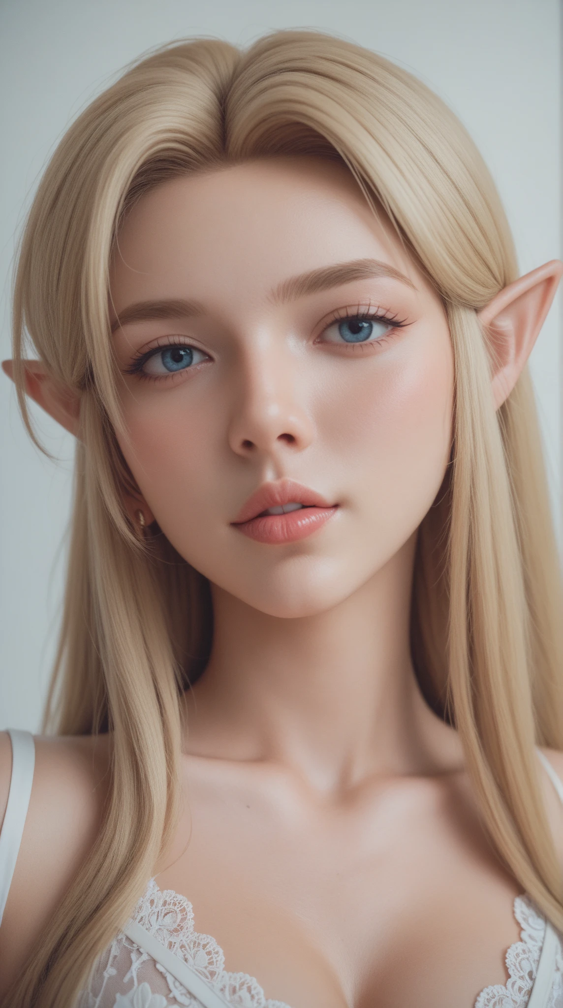 A chested elf with 50 blonde hair and blue eyes 