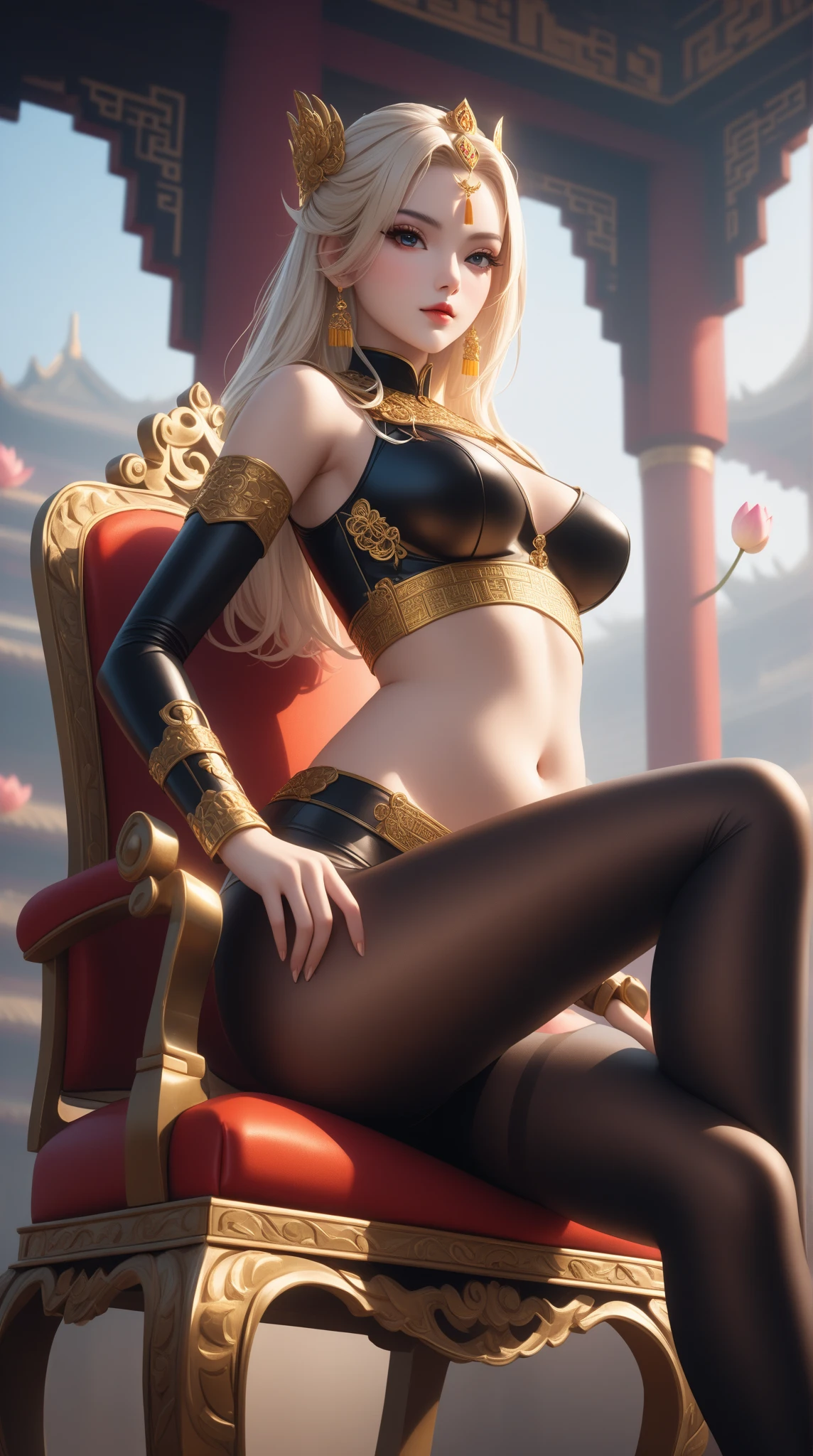Supreme 1 Empress,There must be a large number of ornaments on the body,luxury goods,There must be only one character in the entire image,The entire leg must be displayed in its entirety, And must wear extra-long gloves,Stockings are mandatory,High heels must be worn,Must be a full-body image,anatomy correct,(realisticlying,tmasterpiece,The best quality,hyper HD,The is very detailed,cinmatic lighting),(delicated face,best qualtiy,very detailed eyes and faces,stunningly beautiful)
