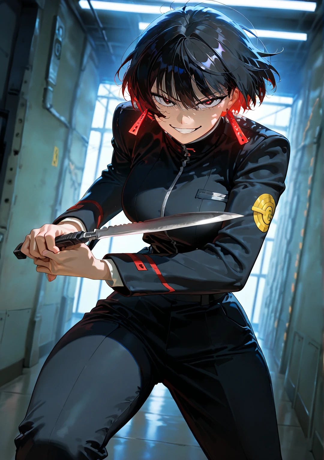 Stance for battle, (Paint splatter on background), (He has a huge sword in his right hand), (masterpiece, Side light, Detailed red eyes: 1.2), ((Highest quality)), ((masterpiece)), (Very detailed:1.3), anime, young, Erect nipples,Small box, Childish body, ((Red turtleneck sweater)), Exposing shoulders, (Long sleeve white open coat), oversized pants, Black trousers, Pale skin, (Shadow Eyes, Dark Eyes), (Grin, Mischievous Smile, Proud), (short〜Medium Hair, Brown Hair, Messy haircut, Hair between the eyes, Hair clip on the left), Earrings, red tat on left hand, scar on left hip, alone, One person,