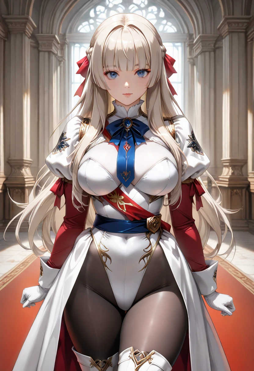,colorful,(masterpiece:1,2), best quality, masterpiece, highres, original, extremely detailed wallpaper, 1girl ,smile,solo, grey hair, blue eyes, original_outfits,red cape,white pants, gloves, breasts, uniform, large breasts